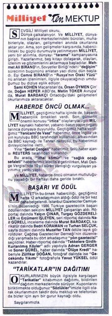Milliyet’ten MEKTUP