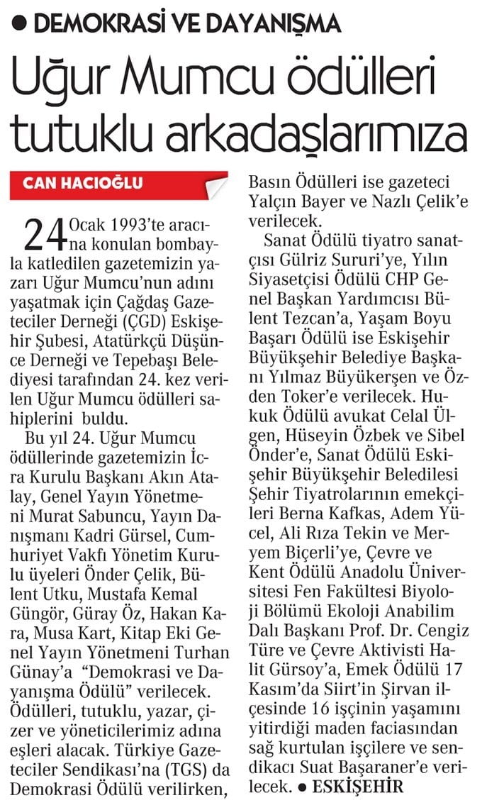 Uğur Mumcu ödülleri tutuklu arkadaşlarımıza