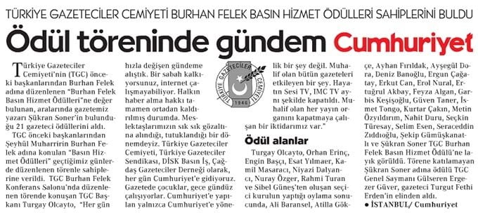 Ödül töreninde gündem Cumhuriyet