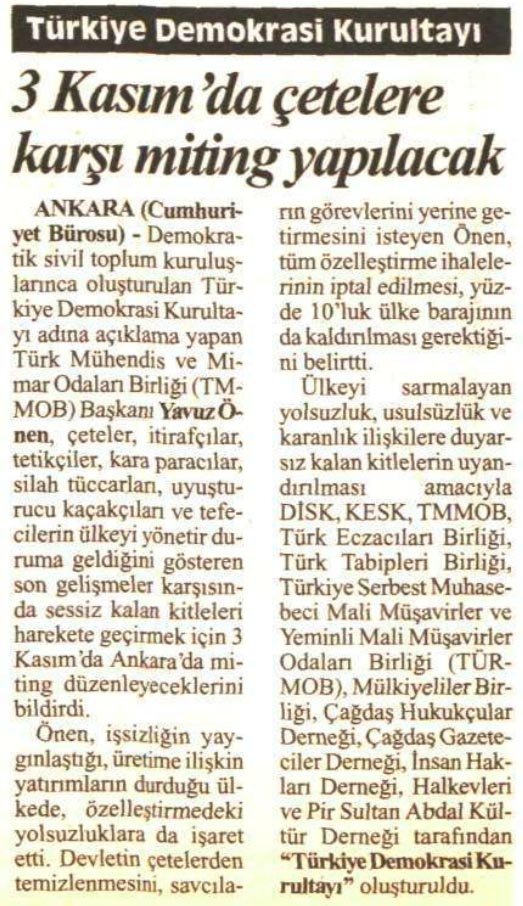 3 Kasım’da çetelere karşı miting yapılacak