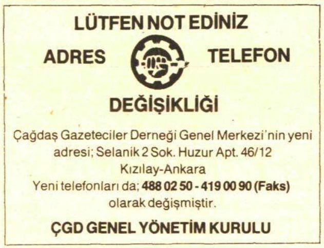 ÇGD ADRES VE TELEFON DEĞİŞİKLİĞİ İLANI